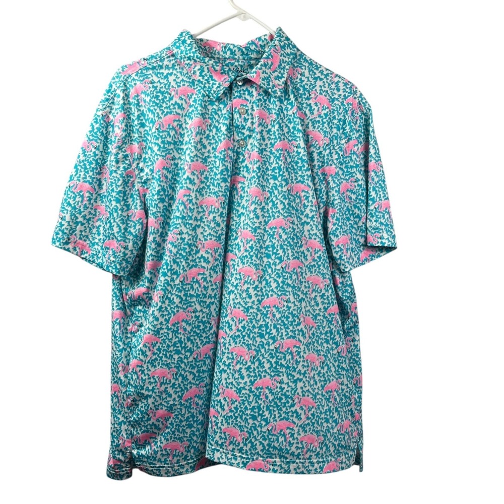 Chubbies Performance Flamingo Print Polo Shirt Top Mens Large Blue